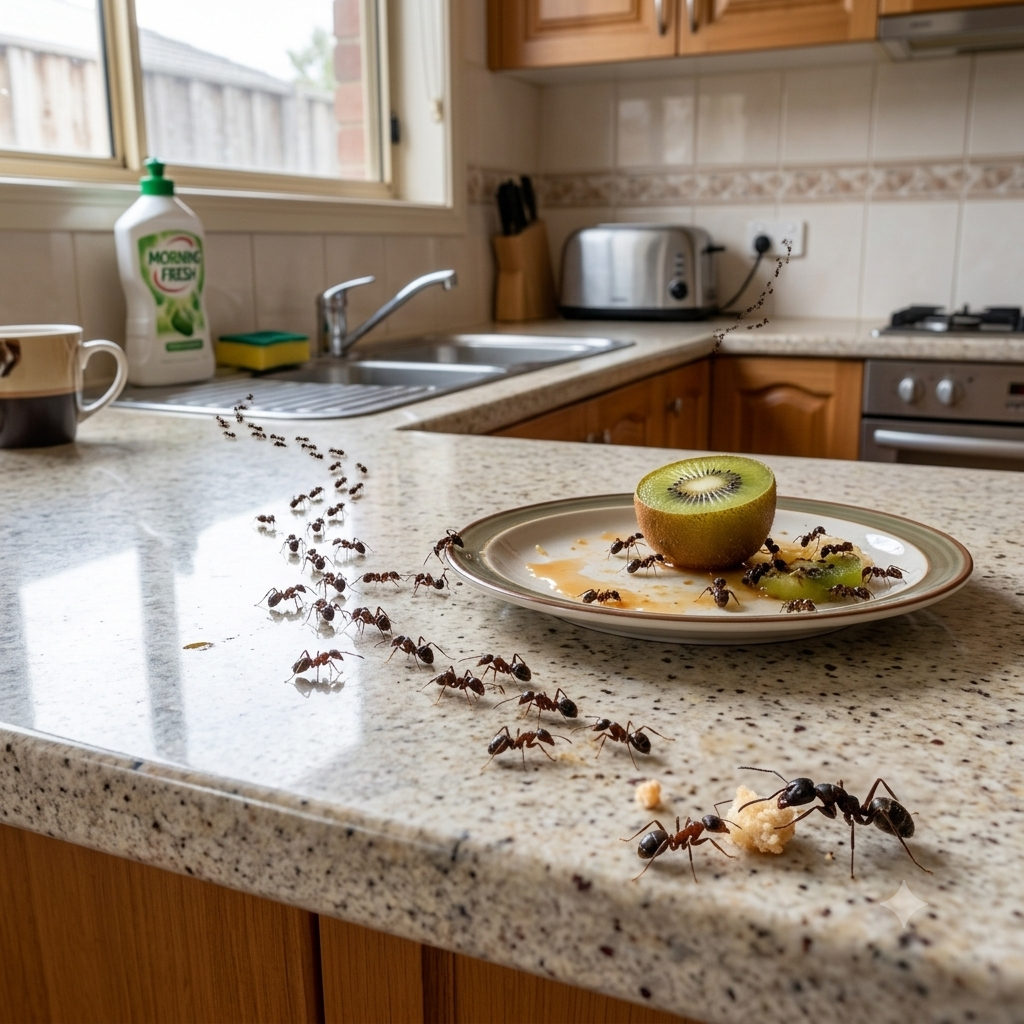 Ants forming a trail near a kitchen food source, a common sign of ant infestation