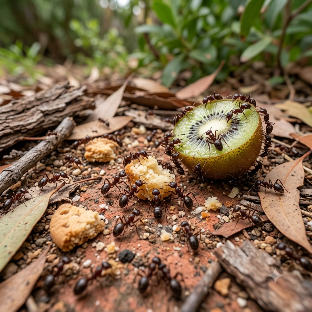 Ants feeding on kiwi fruit and food scraps outdoors