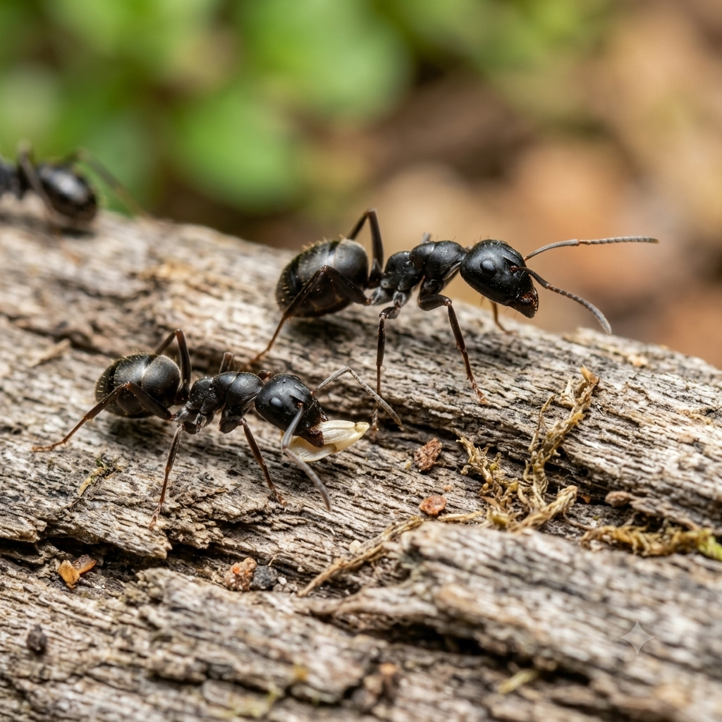Close-up of two ants interacting on tree bark