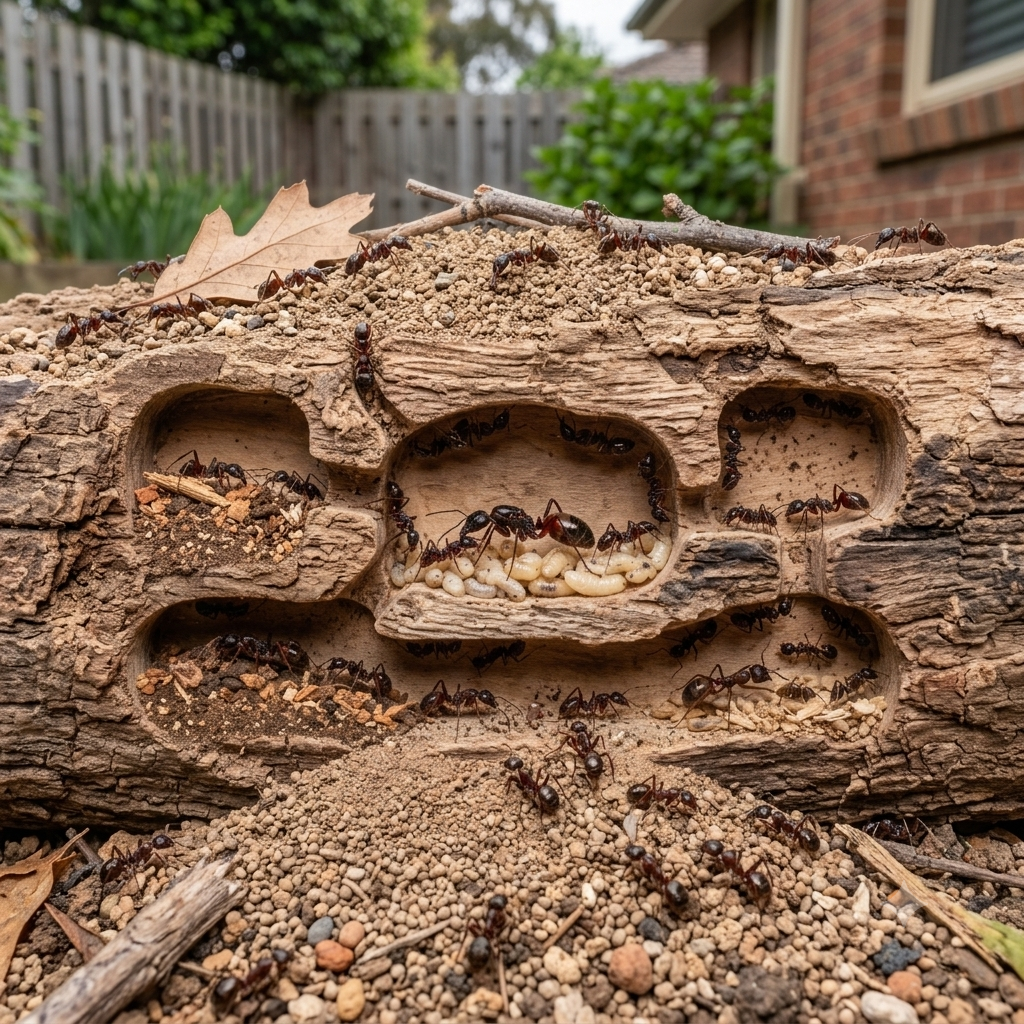 Ants nesting inside a decaying log showing colony chambers and larvae