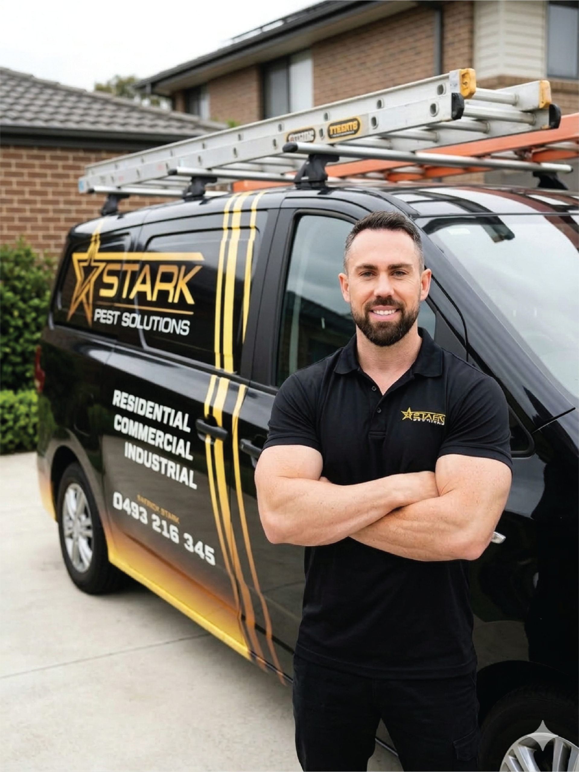 Patrick Stark, owner of Stark Pest Solutions, in front of the branded van providing pest control in Drummoyne