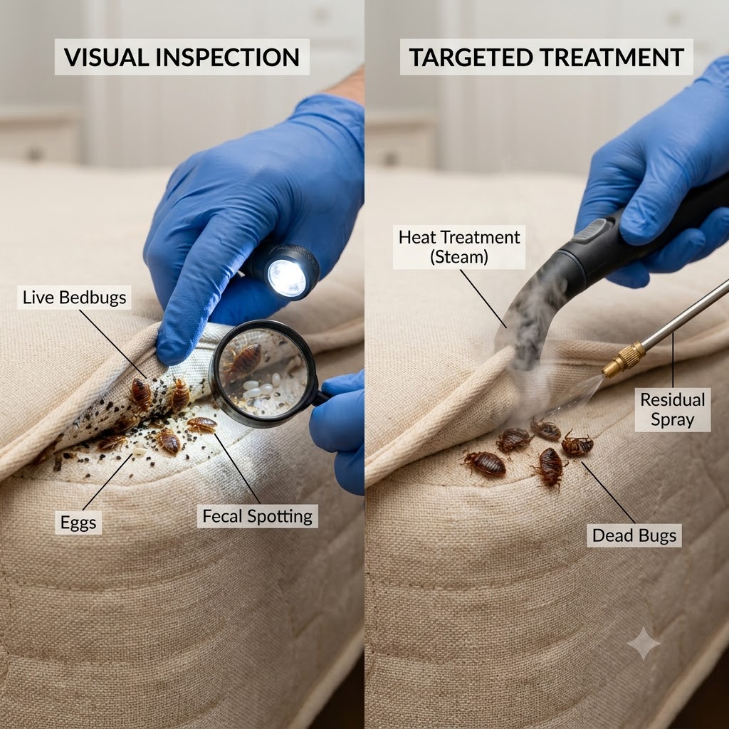 Bed bug inspection and heat treatment process on a mattress