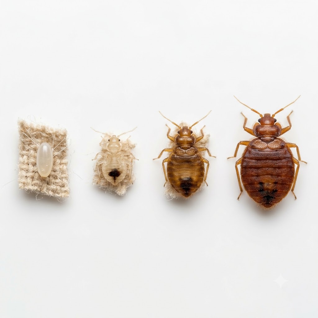 Bed bug life cycle stages from egg to adult