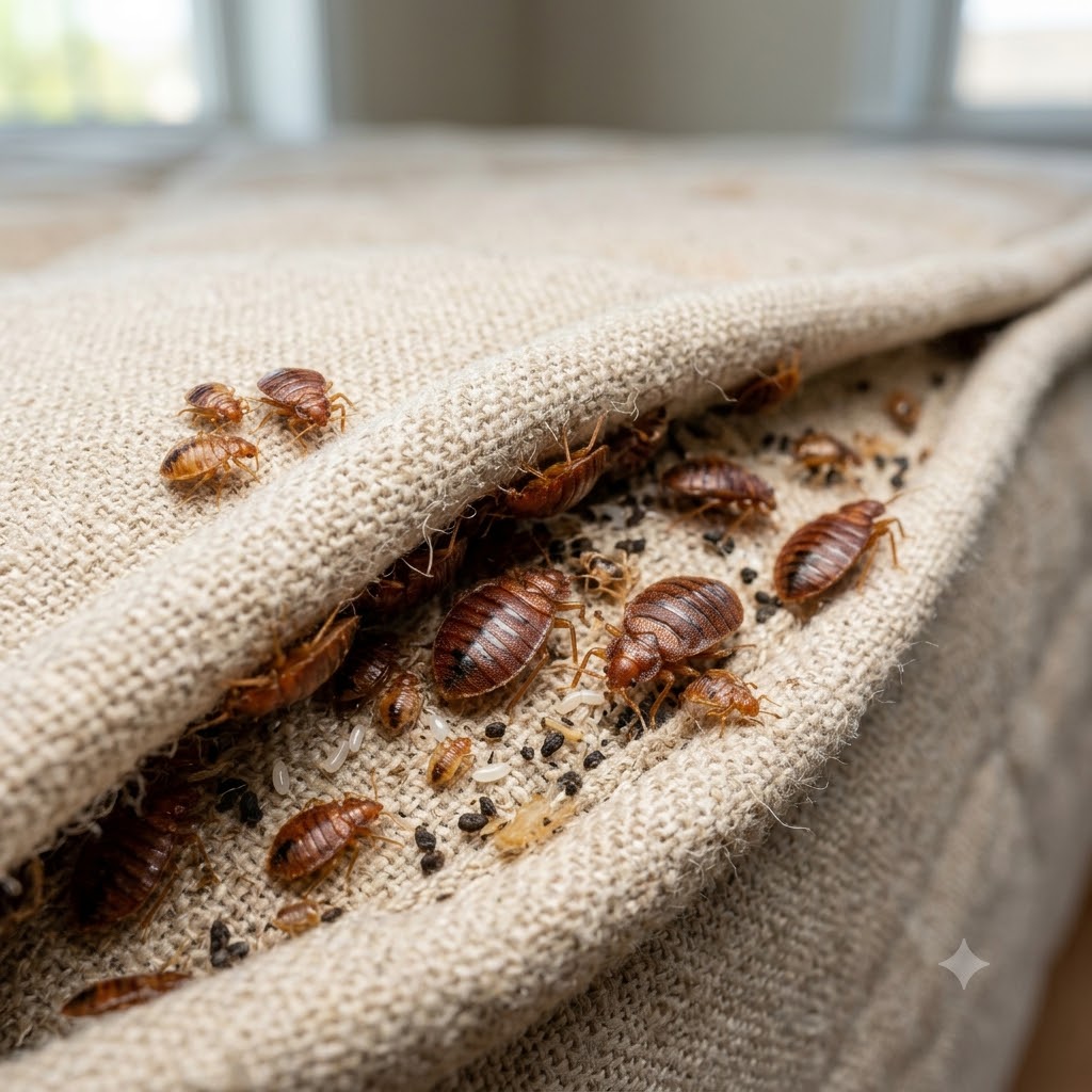 Live bed bug infestation hiding in a mattress seam
