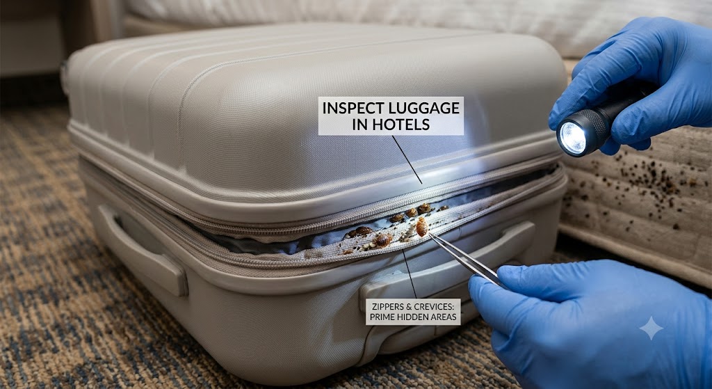 Inspecting luggage for bed bugs when travelling or staying in hotels
