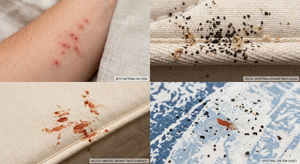 Signs of a bed bug infestation including bite marks, fecal spotting and blood stains