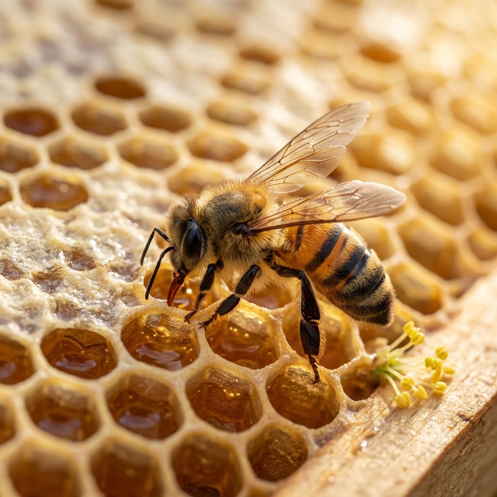 Close-up of a European honey bee on honeycomb