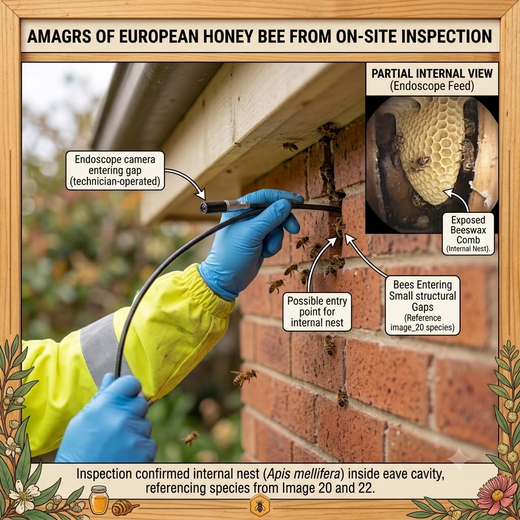 Technician using an endoscope camera to inspect a suspected honey bee nest inside an eave cavity