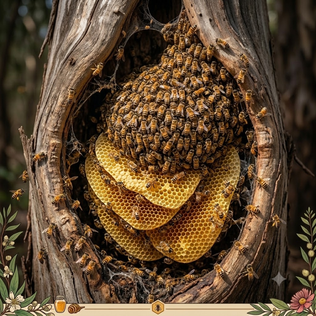 Large wild honey bee colony with exposed comb inside a tree hollow