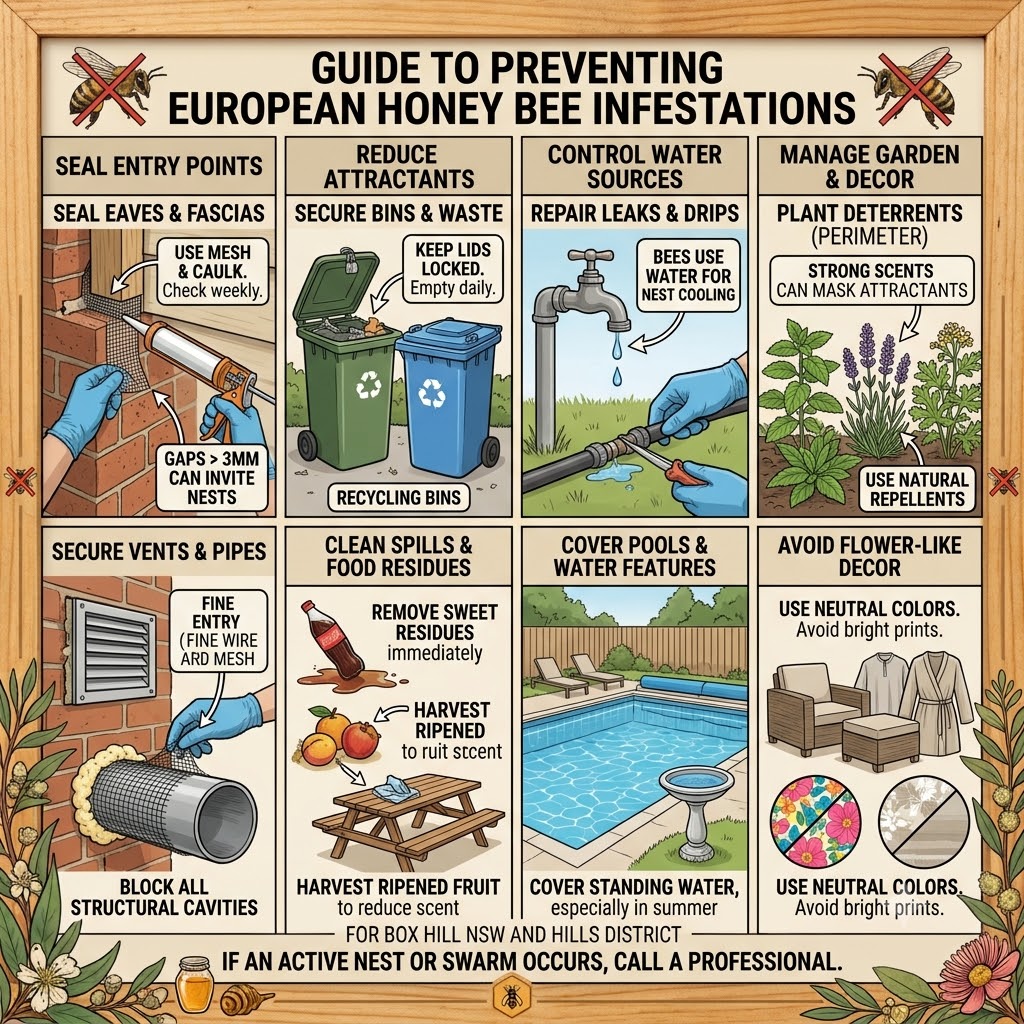 Infographic guide to preventing European honey bee hives and swarms around the home