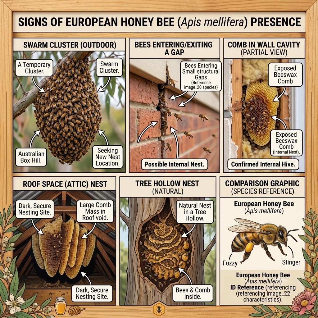 Signs of European honey bee presence including a swarm cluster, bees entering a wall gap, and exposed comb in a wall cavity