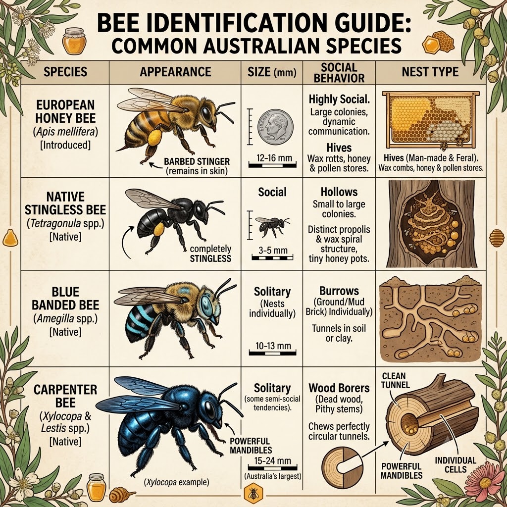 Bee identification guide comparing European honey bee, native stingless bee, blue banded bee, and carpenter bee