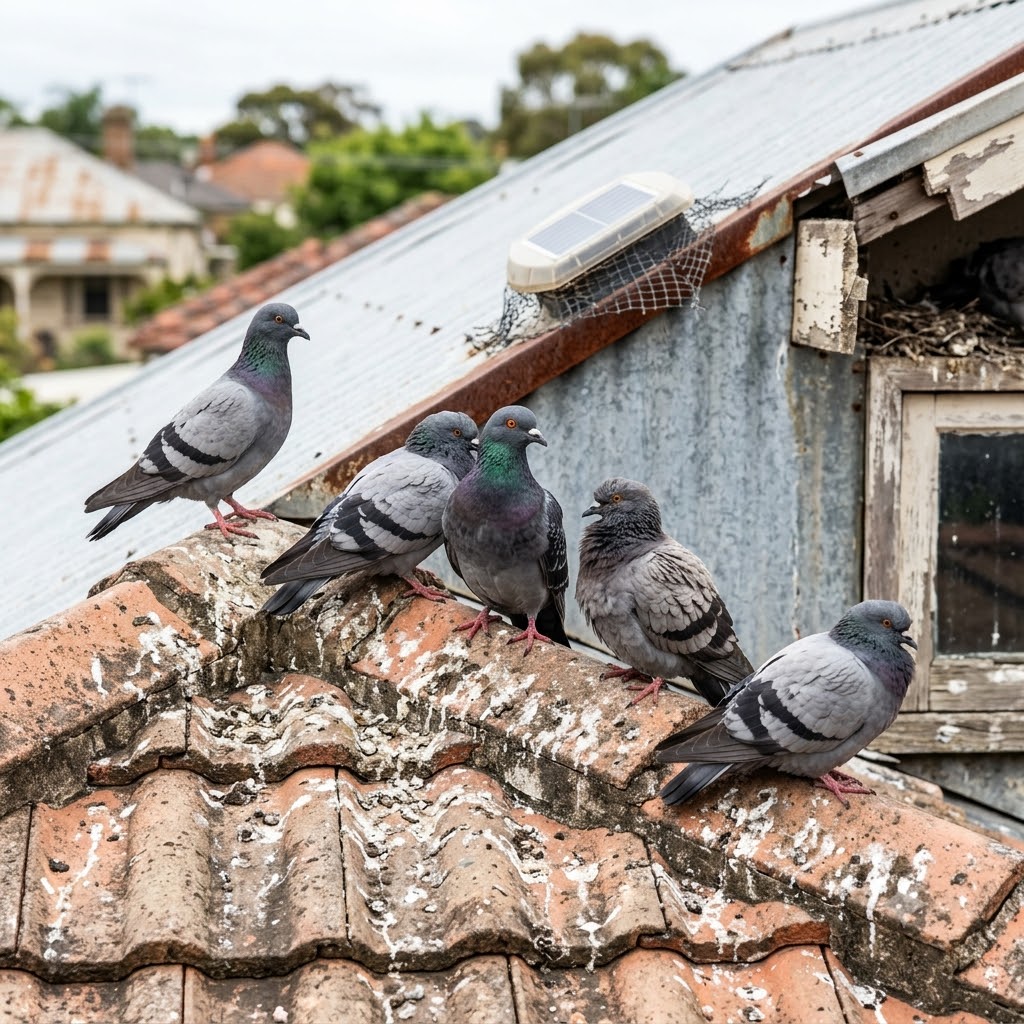 Feral pigeons perched on a residential tiled roof with heavy droppings staining and a nest visible under the eave, Sydney