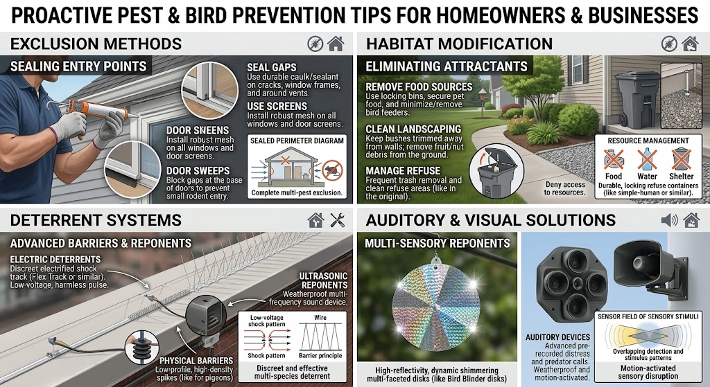 Infographic with bird and pest prevention tips for homeowners and businesses covering exclusion methods, habitat modification and deterrent systems
