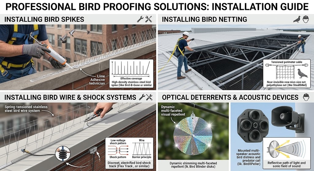 Technician installing professional bird proofing solutions including bird spikes, netting, wire deterrent systems and optical repellents