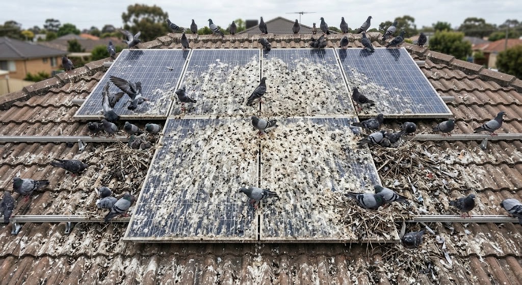 Severe pigeon infestation with heavy droppings covering solar panels and nesting debris on a residential roof