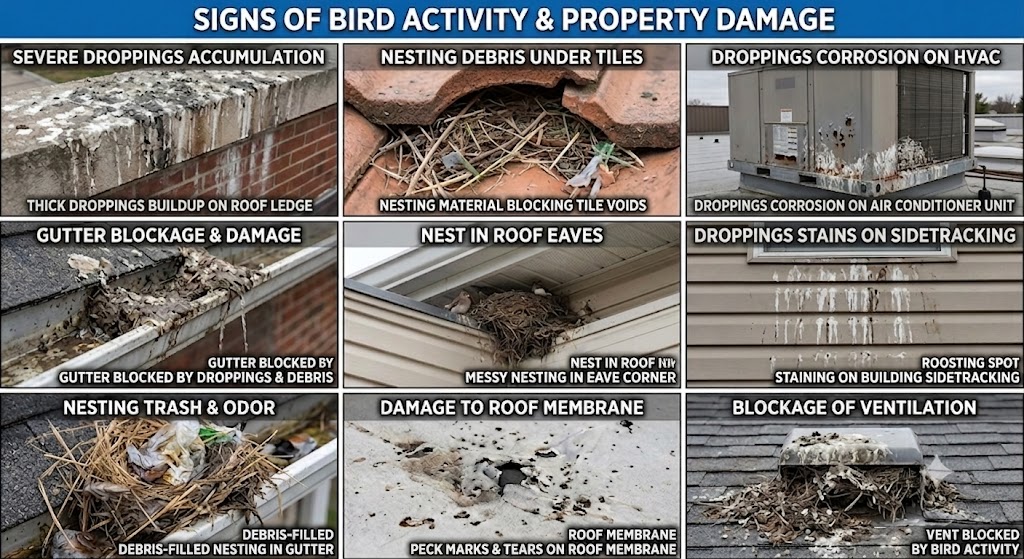 Collage showing signs of bird activity and property damage including droppings buildup, nesting debris under tiles, gutter blockage, and roof membrane damage