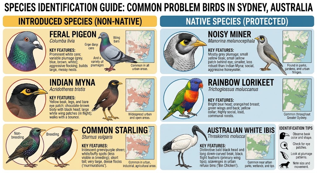 Species identification guide comparing introduced problem birds (feral pigeon, Indian myna, common starling) with protected native birds (noisy miner, rainbow lorikeet, Australian white ibis)