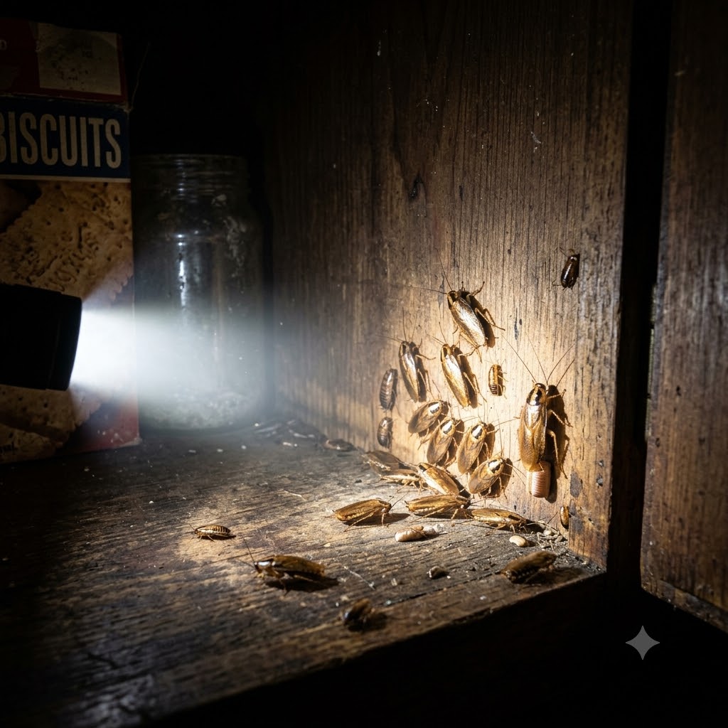 Torch light revealing a cockroach infestation behind a pantry item during inspection