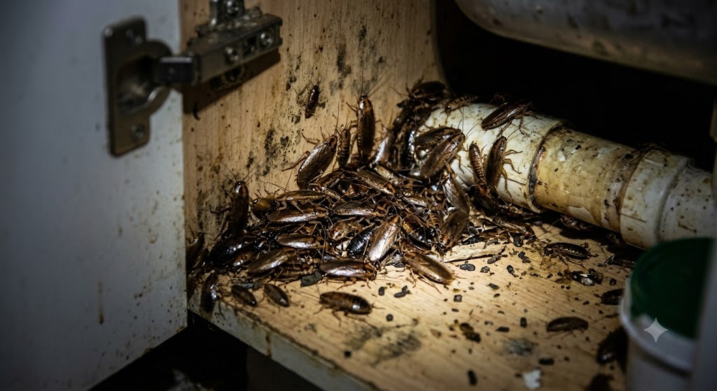 Cockroach infestation clustered around pipework under a kitchen sink