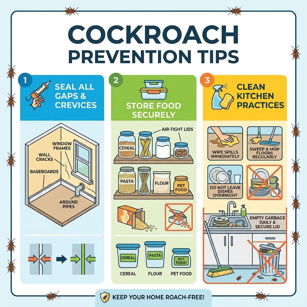 Infographic showing cockroach prevention tips: seal gaps and crevices, store food securely, clean kitchen practices