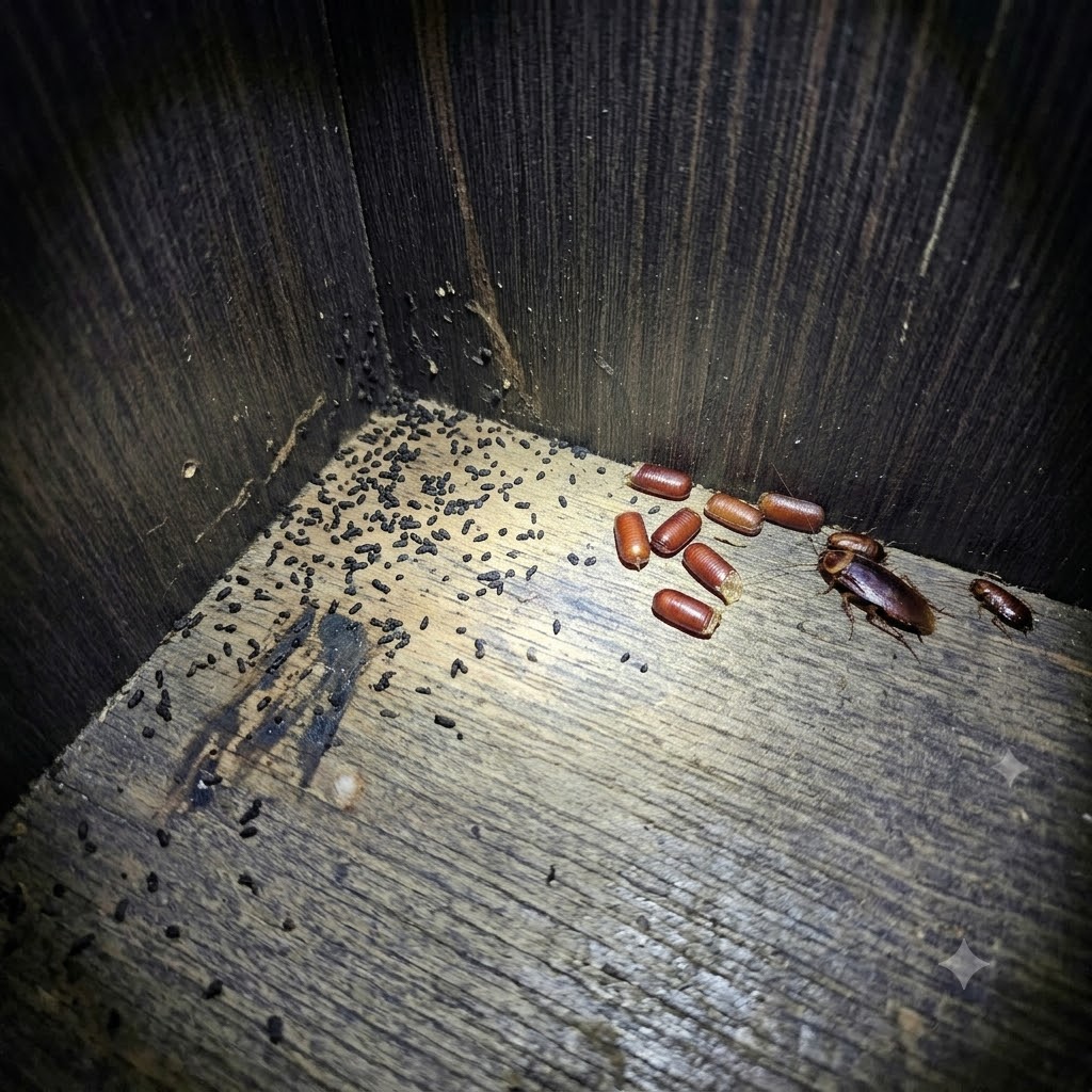 Cockroach droppings and egg casings in a cupboard corner, a sign of infestation