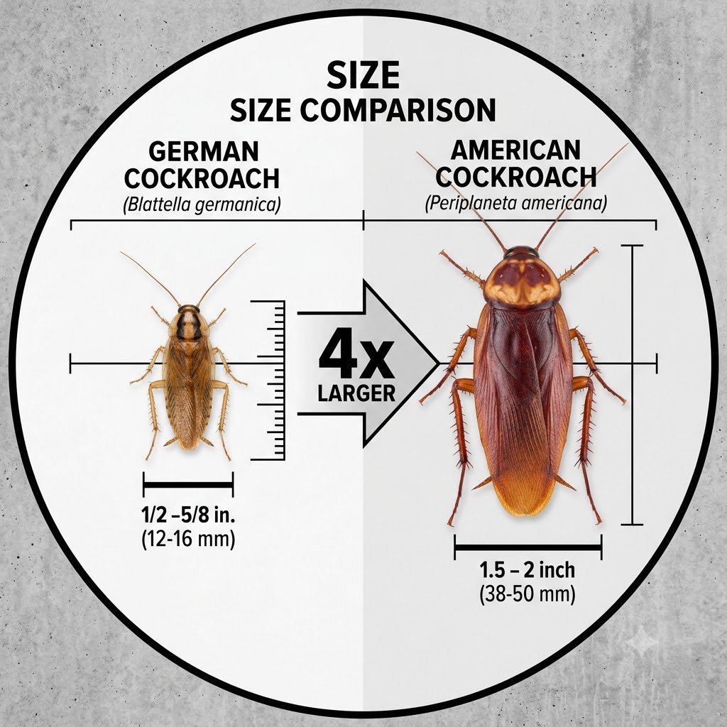 Size comparison of German cockroach and American cockroach species