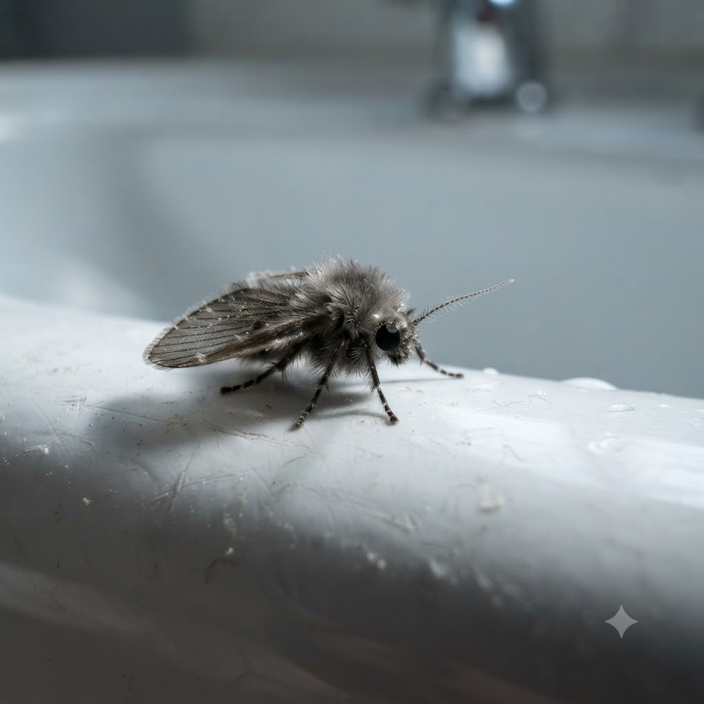 Close-up of a drain fly (moth fly) resting on a bathroom fixture