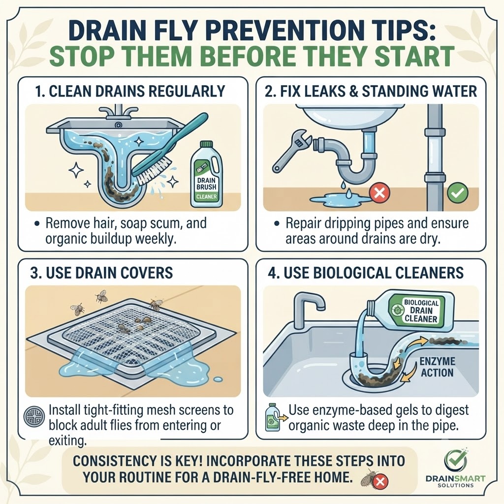 Drain fly prevention tips infographic for cleaning drains and fixing leaks