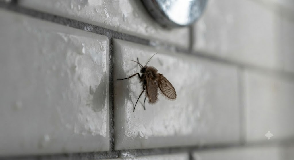 Drain fly resting on bathroom tile wall showing fuzzy wings