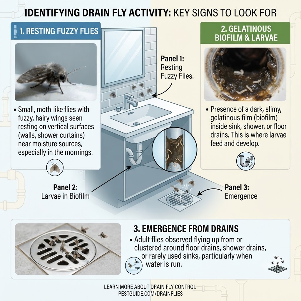 Infographic showing signs of drain fly activity in sinks and floor drains