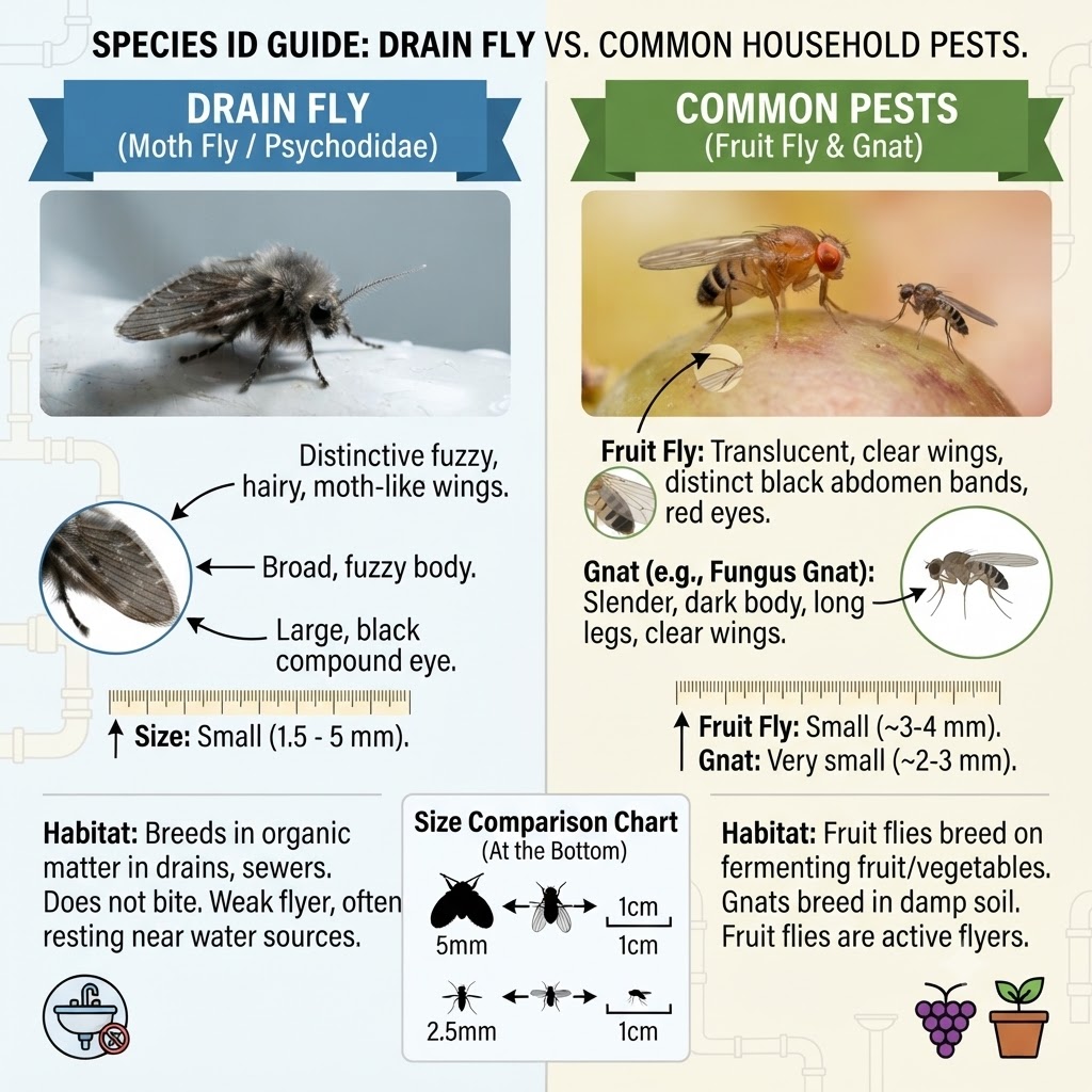 Identification guide comparing drain flies to fruit flies and gnats