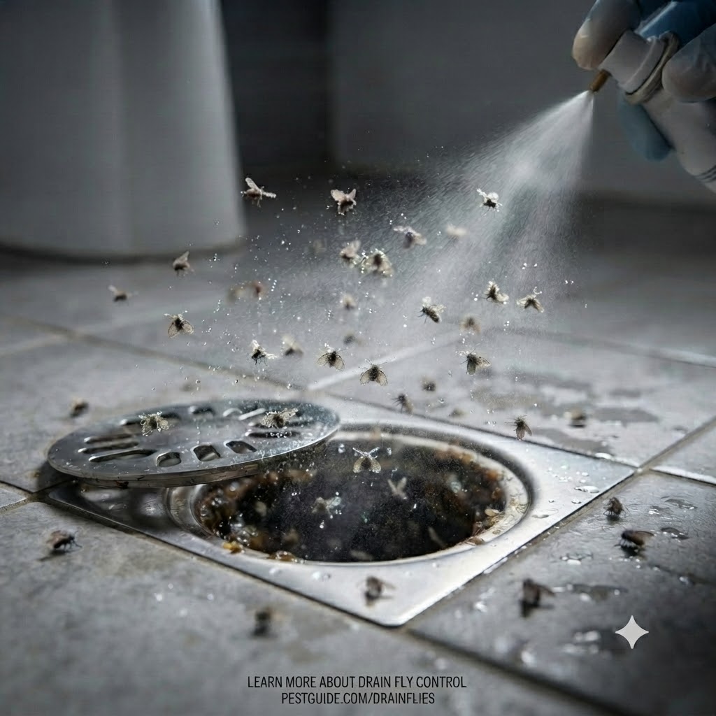 Pest technician treating a floor drain infested with drain flies