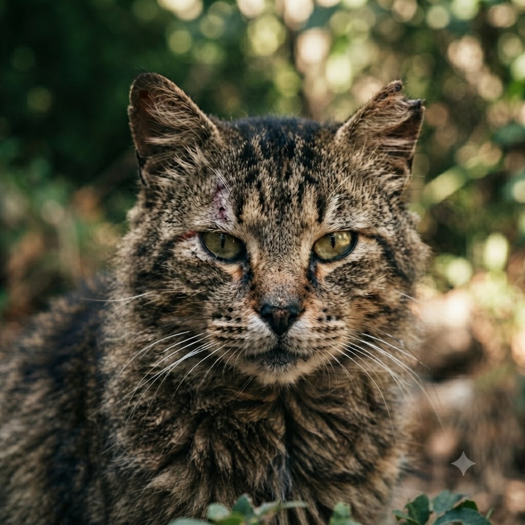 Close-up photo of a feral cat outdoors in Sydney backyard environment