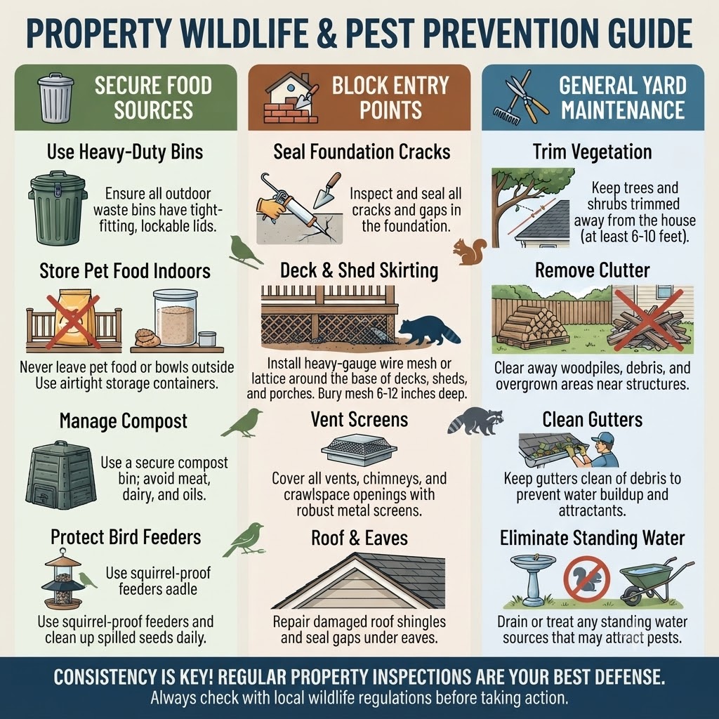 Property prevention guide for securing food sources and blocking entry points against feral cats and wildlife