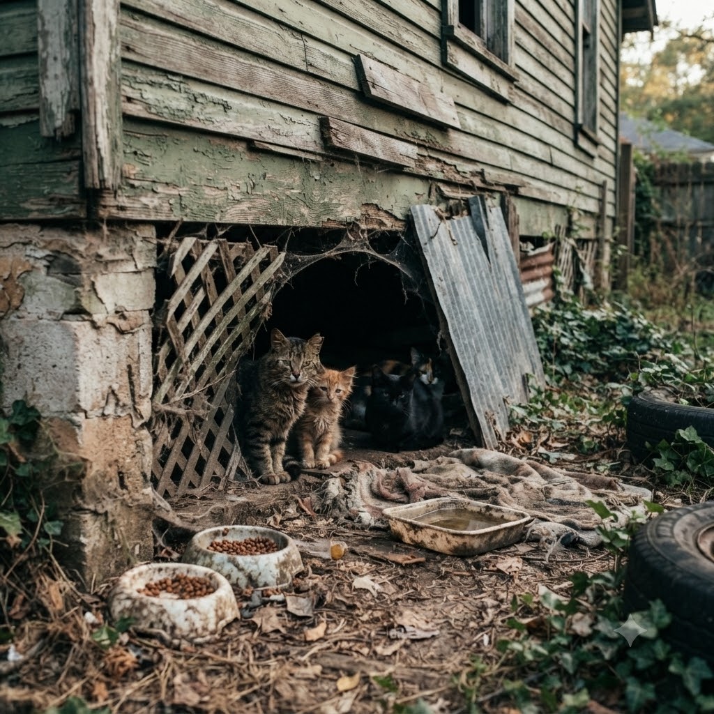 Severe feral cat colony sheltering under a run-down shed with multiple cats and food bowls