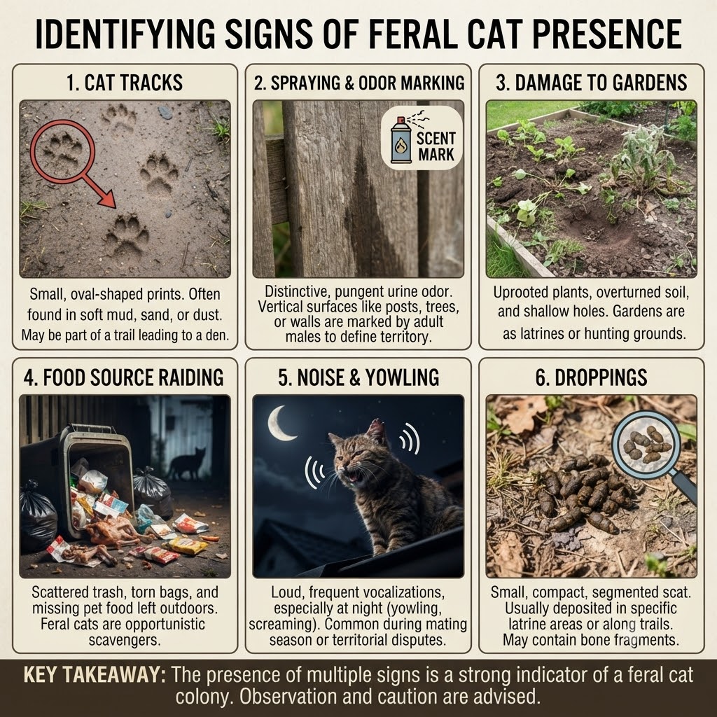 Signs of feral cat presence including tracks, spraying, garden damage, food raiding, yowling and droppings