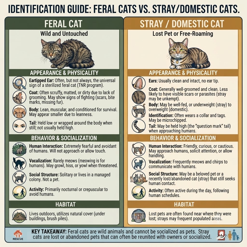 Identification guide comparing feral cats versus stray and domestic cats by appearance and behavior