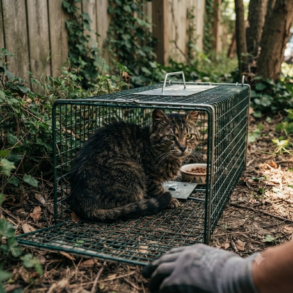Pest control technician setting a humane trap during a feral cat property assessment