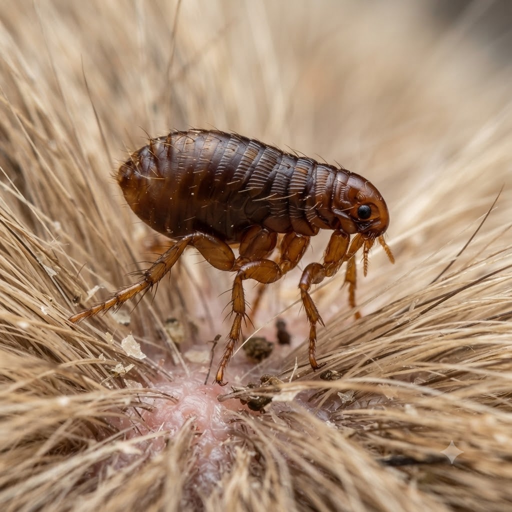 Close-up macro photo of a flea in pet fur
