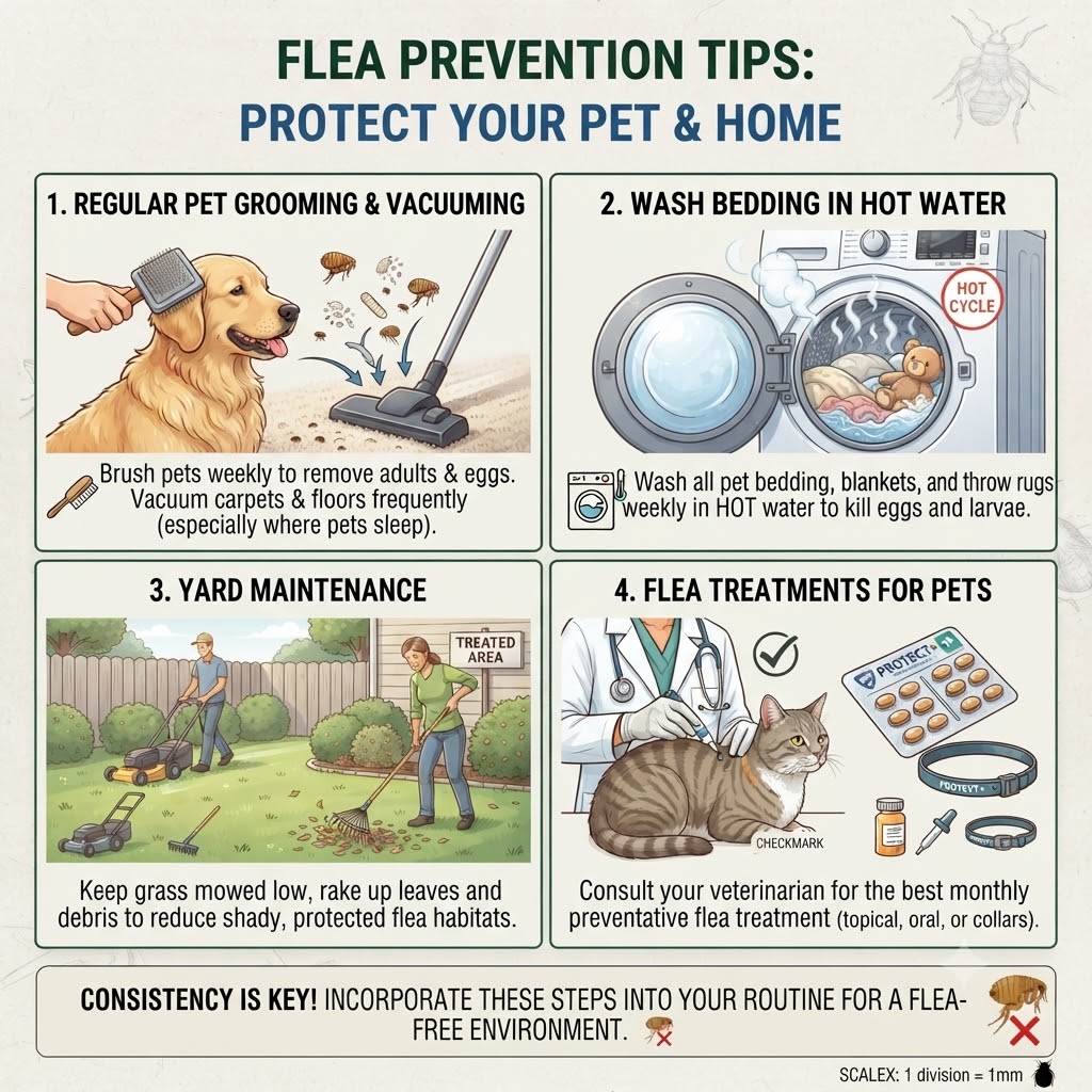 Flea prevention tips infographic covering pet grooming, hot water washing, yard maintenance, and flea treatments