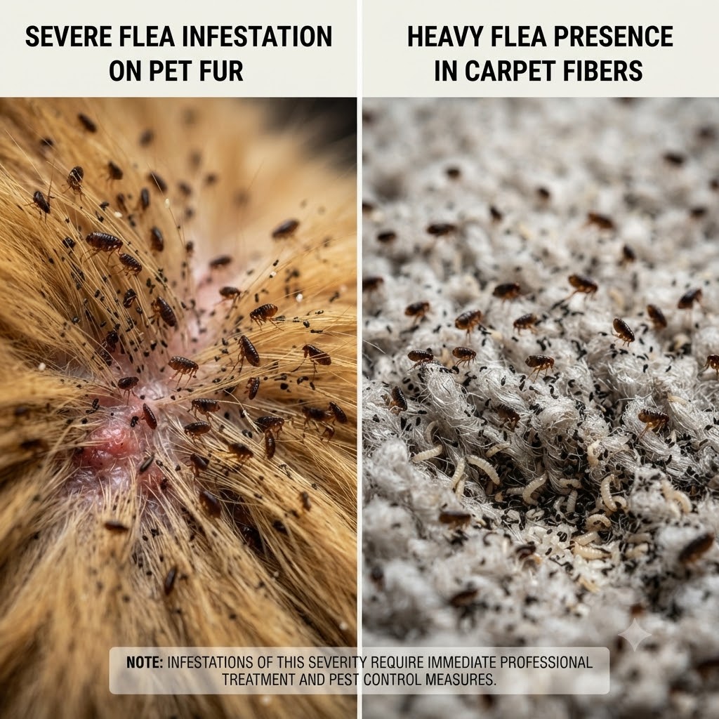 Severe flea infestation on pet fur and heavy flea presence in carpet fibers