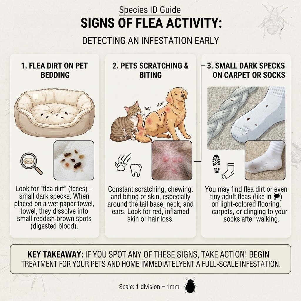 Infographic showing signs of flea activity including flea dirt, pet scratching, and specks on carpet