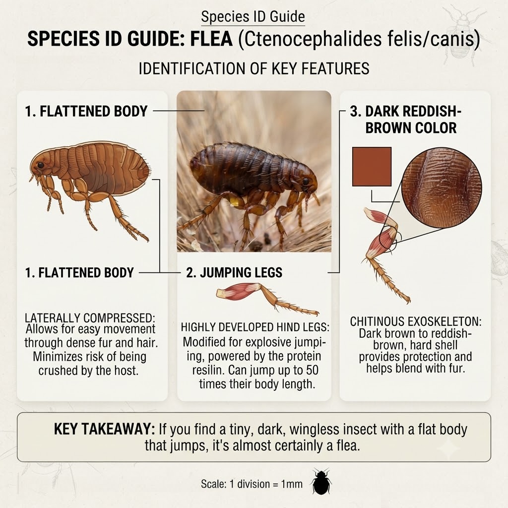 Identification guide showing key features of a flea: flattened body, jumping legs, reddish-brown color