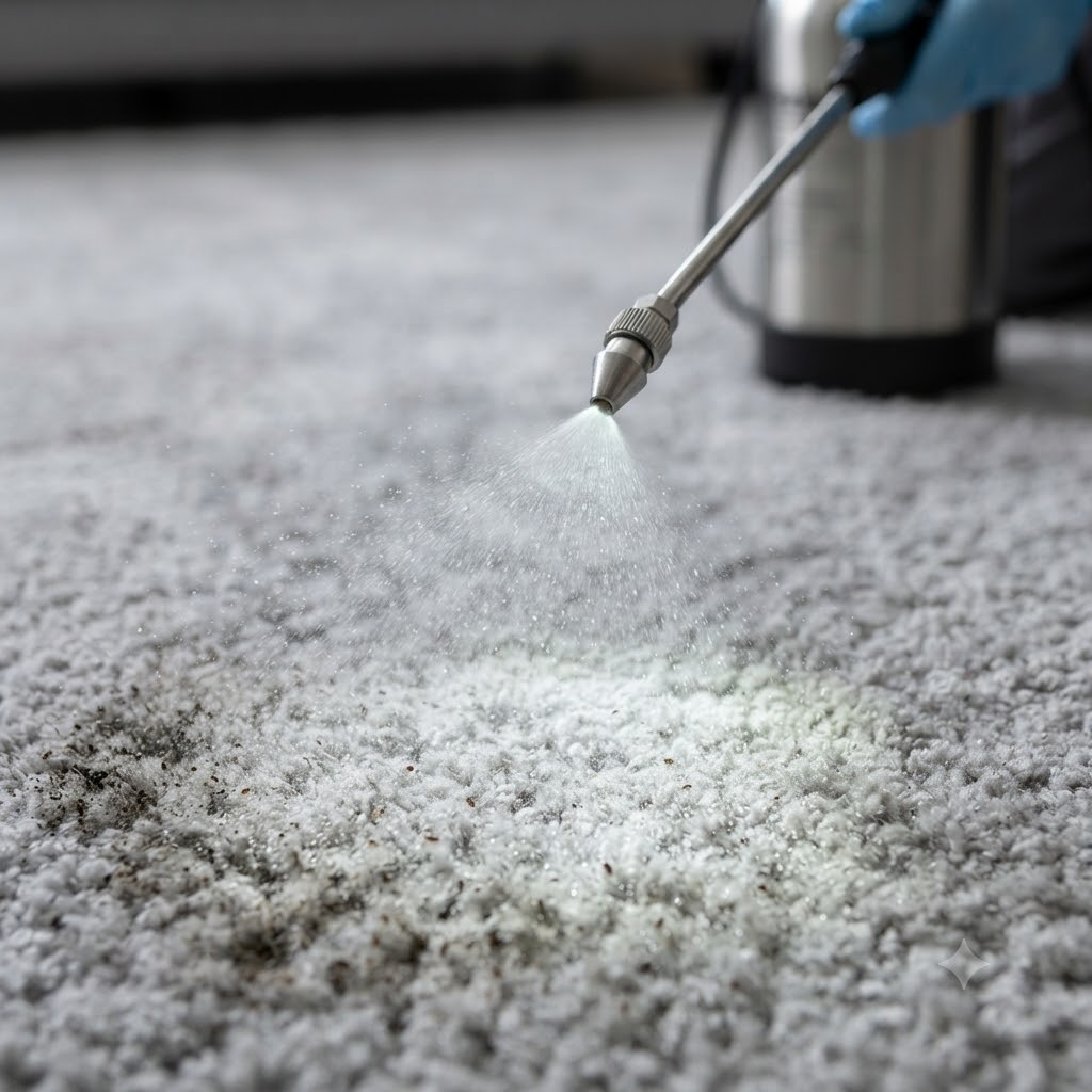 Pest technician treating carpet with flea control spray