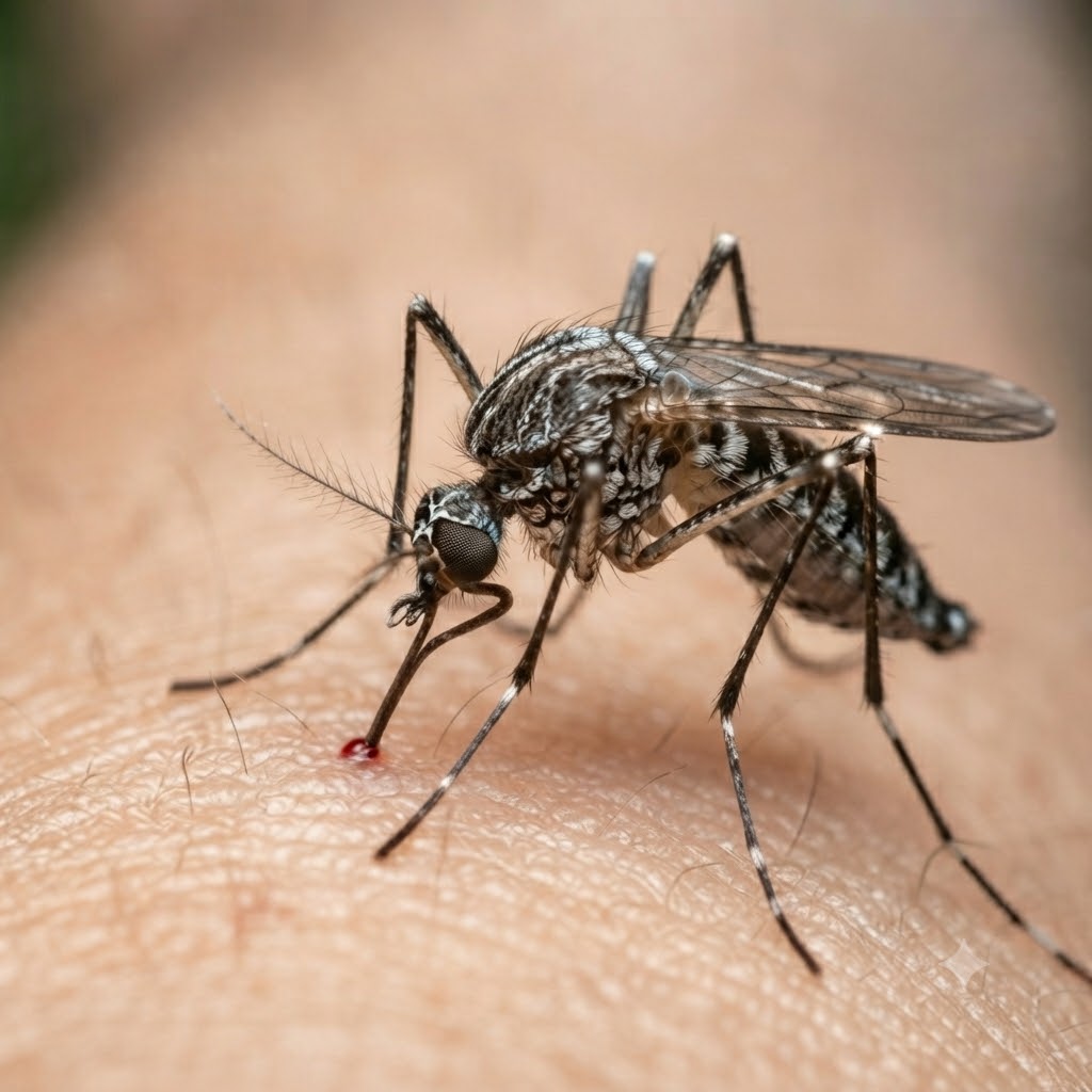 Close-up photo of a mosquito biting human skin