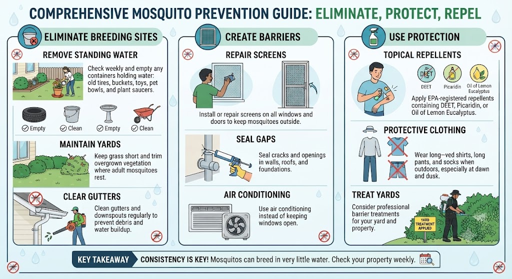 Comprehensive mosquito prevention guide covering eliminating breeding sites, creating barriers and using protection