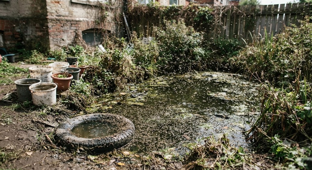 Severe mosquito breeding swarm over stagnant water in a neglected backyard