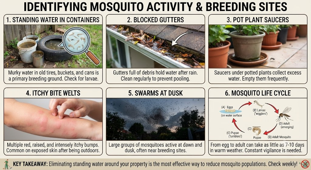 Signs of mosquito activity and breeding sites including standing water, blocked gutters, pot plant saucers, bite welts and dusk swarms