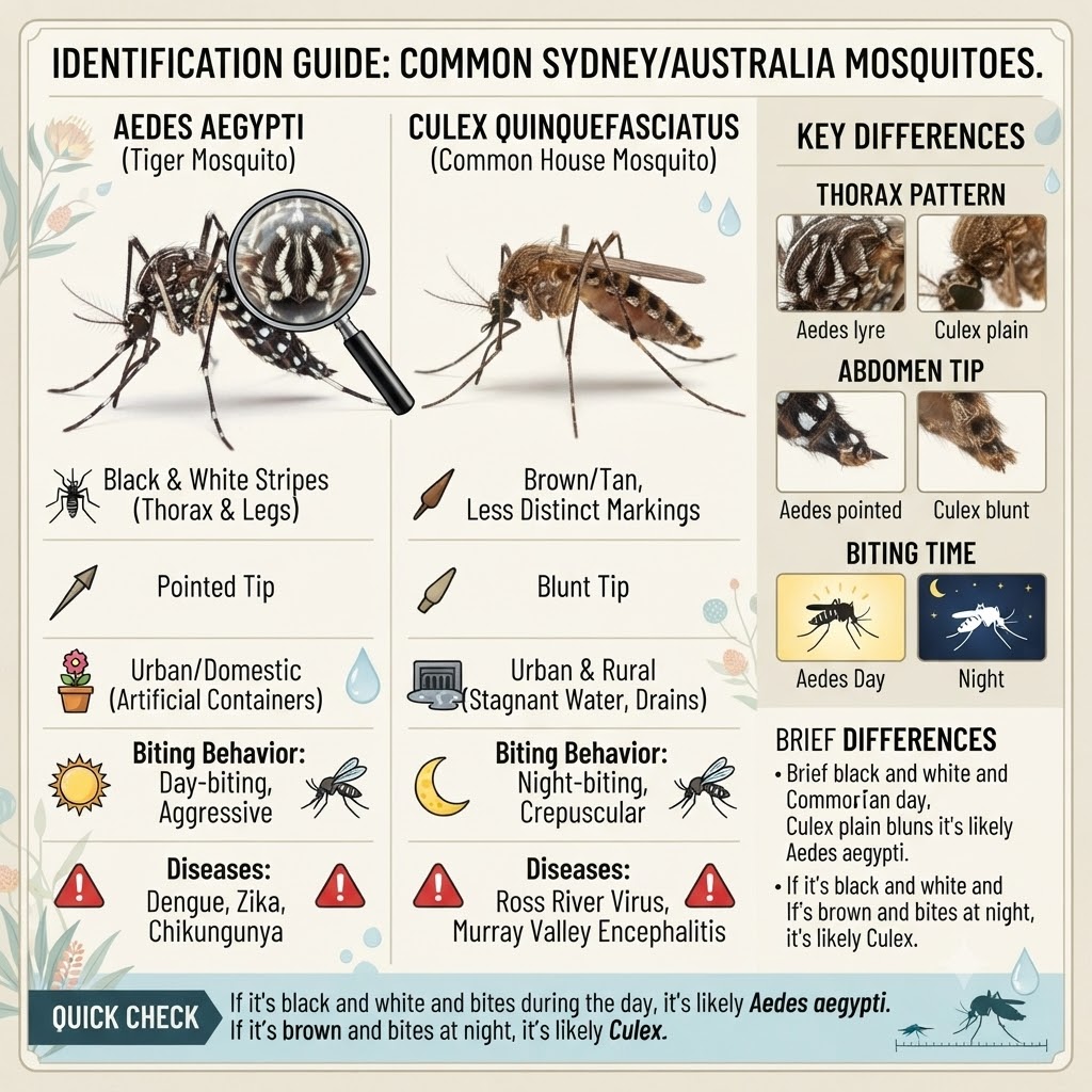 Identification guide comparing Aedes aegypti and Culex quinquefasciatus mosquitoes common in Sydney Australia